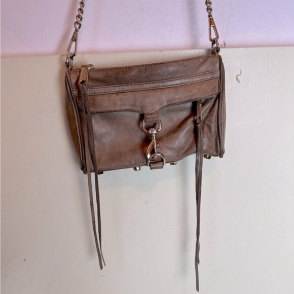Rebecca Minkoff Mini MAC Leather Crossbody Bag Shoulder Chain Strap Tan Zip Tote - Picture 2 of 16